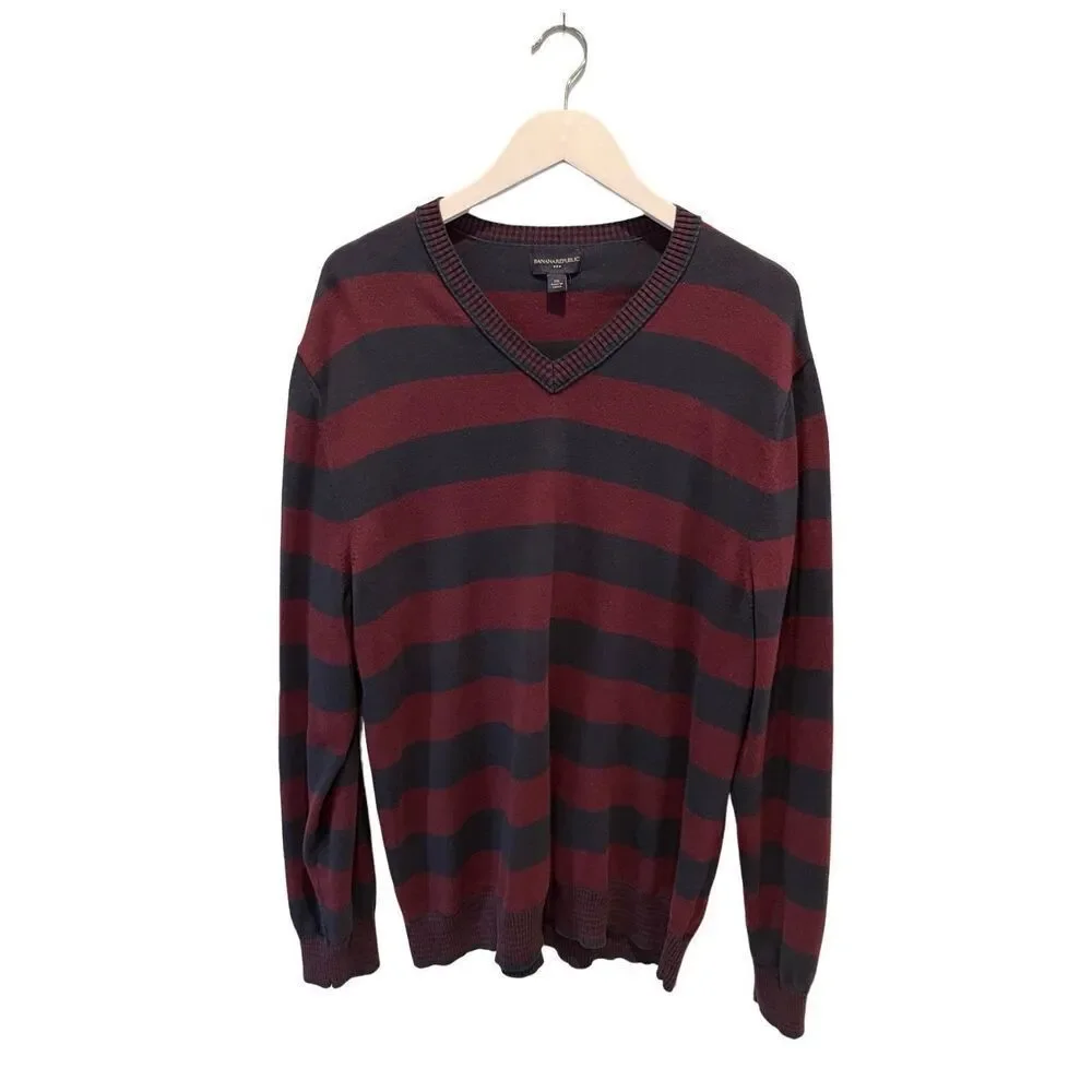 Banana Republic navy and red striped cotton v-neck  sweater - 2XL